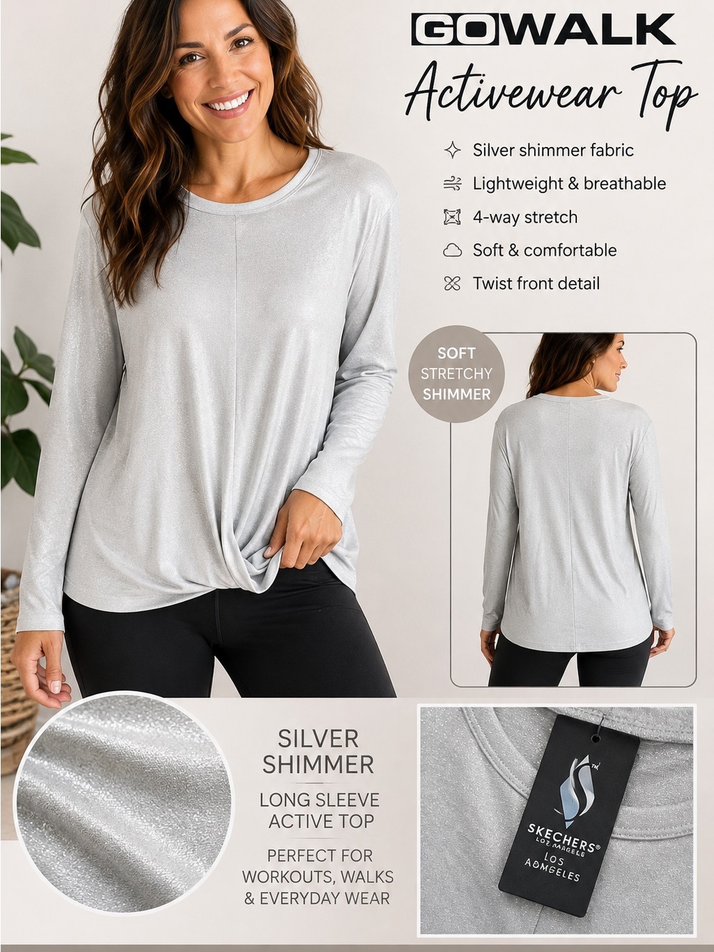 Skechers Silver Shimmer Twist-Front Long Sleeve Active Top